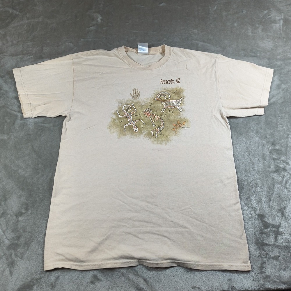 Vintage Prescott Arizona Shirt Mens Medium Beige Kokopelli Native Art Southwest